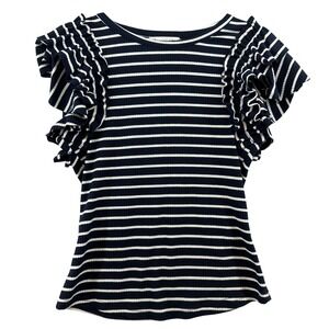 Stem &‎ Vine Striped Ruffle Sleeve Ribbed Knit Tee Navy and White Stripes